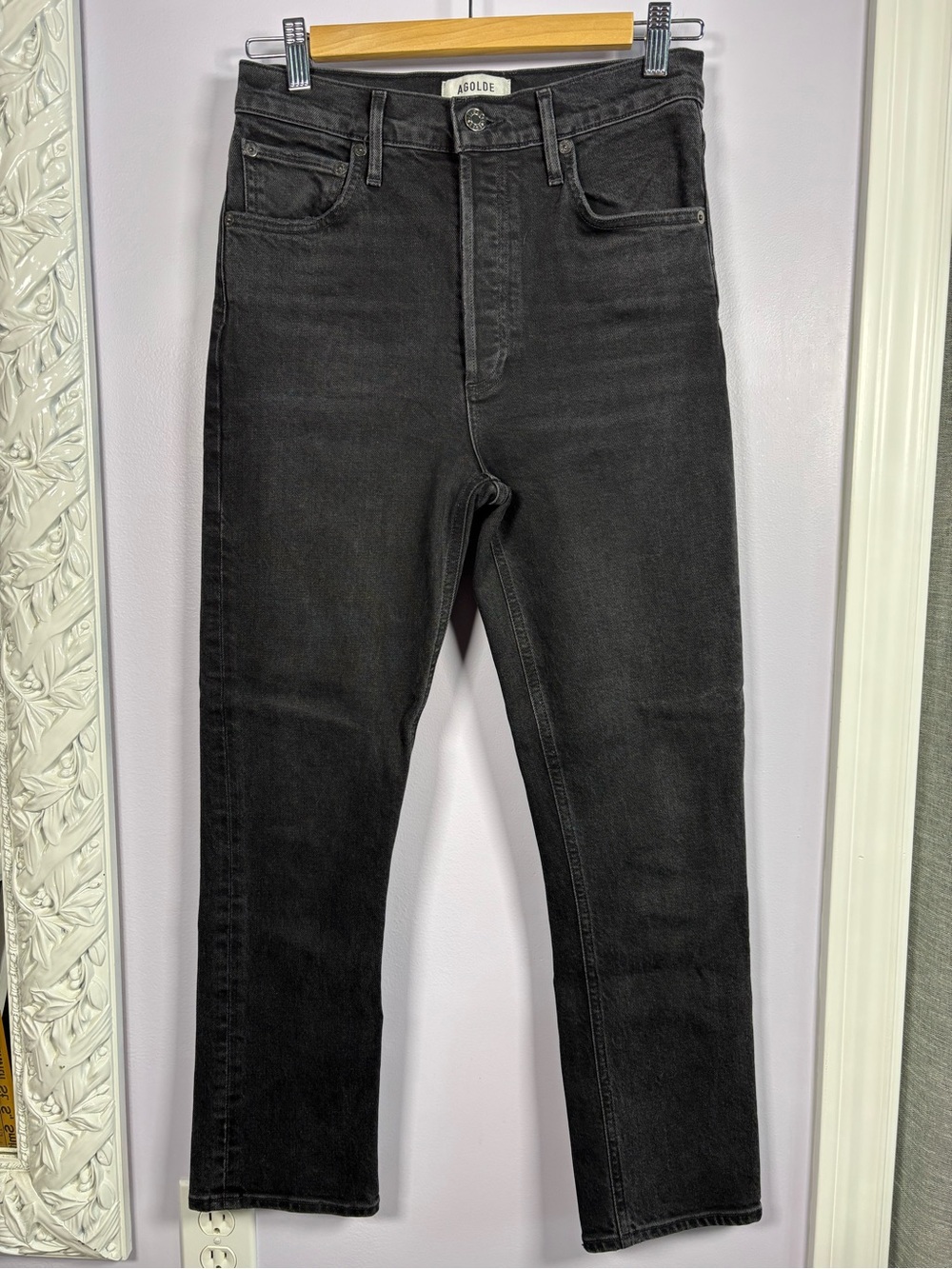 Agolde Black Riley Organic Cotton Faded Edgy Straight High-Rise Jeans Size 26